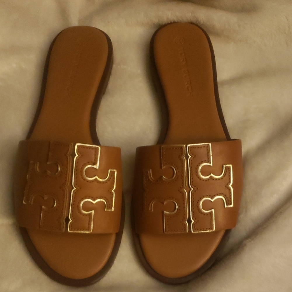 Tory Burch Brown Leather Slide Sandals with Geometric Design